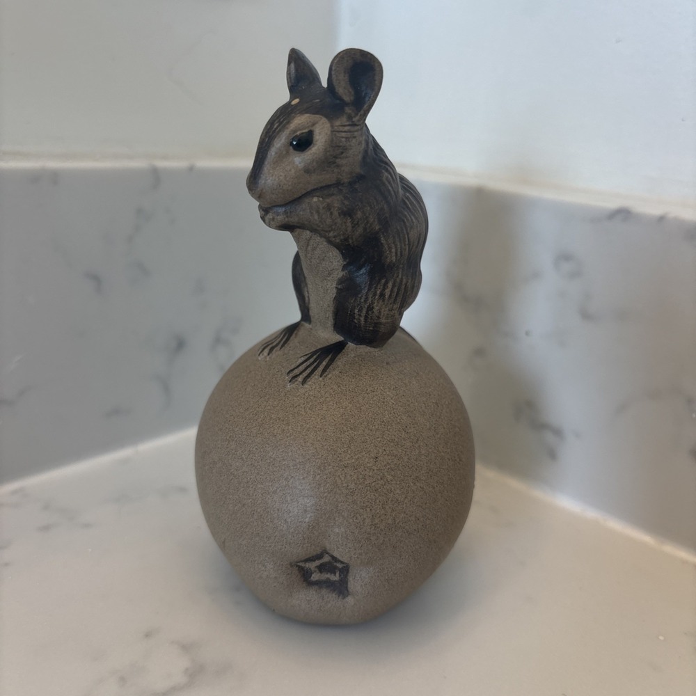 Poole Pottery England Stoneware Figure Mouse Sitting on Apple Signed Animal Mice